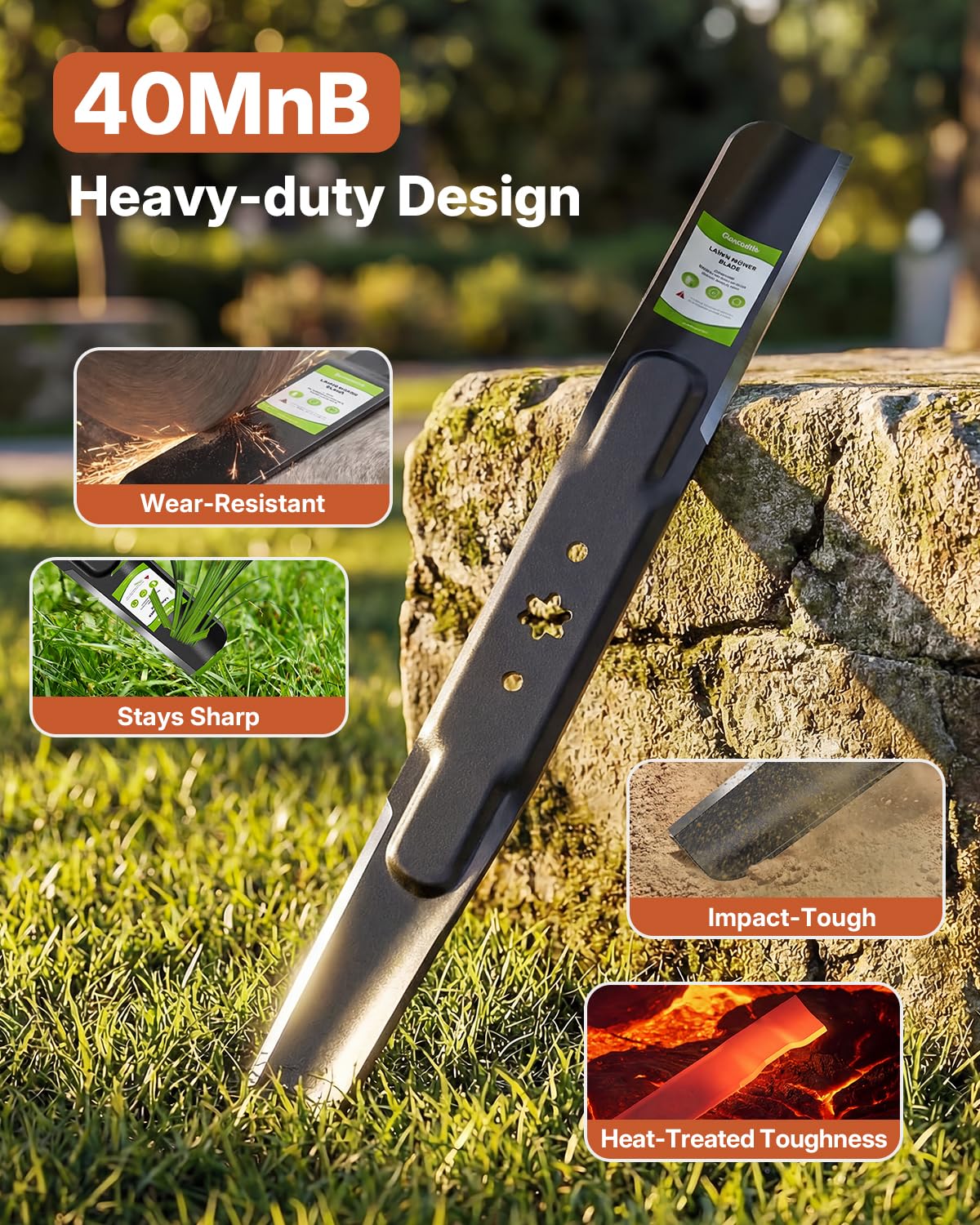 Fismiuta boron steel blade image highlights 35% higher impact resistance for tough terrain.
