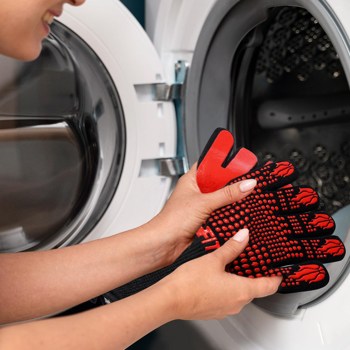 FITFIV BBQ gloves with hanging loop for convenient kitchen storage