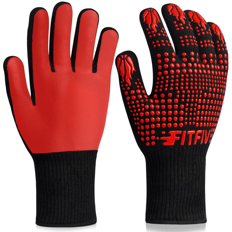 FITFIV BBQ gloves shown for heat resistance up to 1472°F during grilling and baking tasks