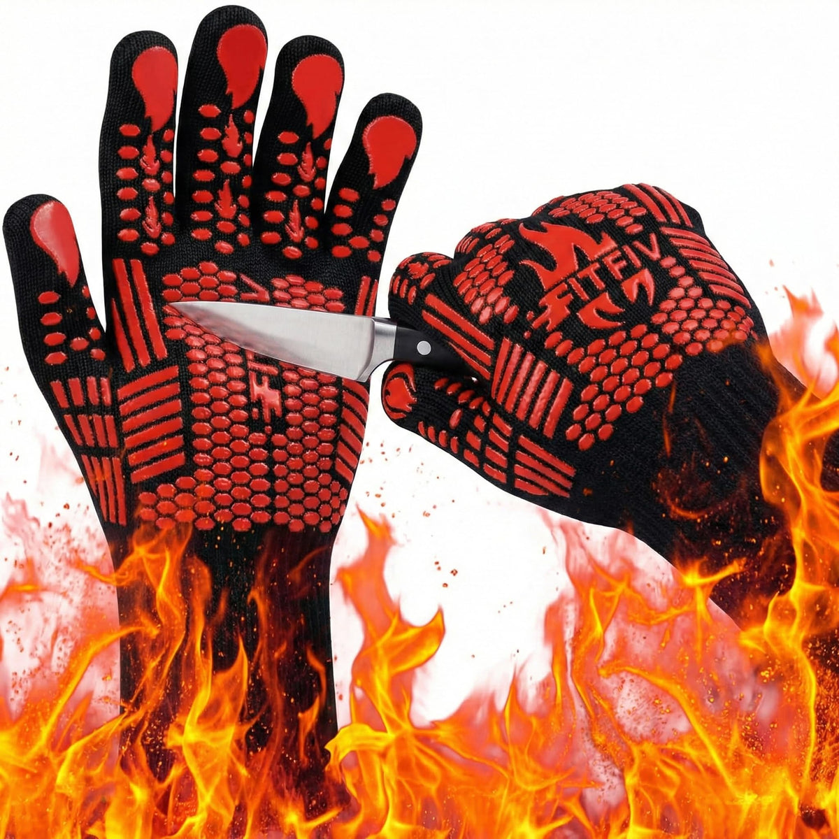 FITFIV BBQ gloves palm grip shows secure handling for grilling and hot pan transfers