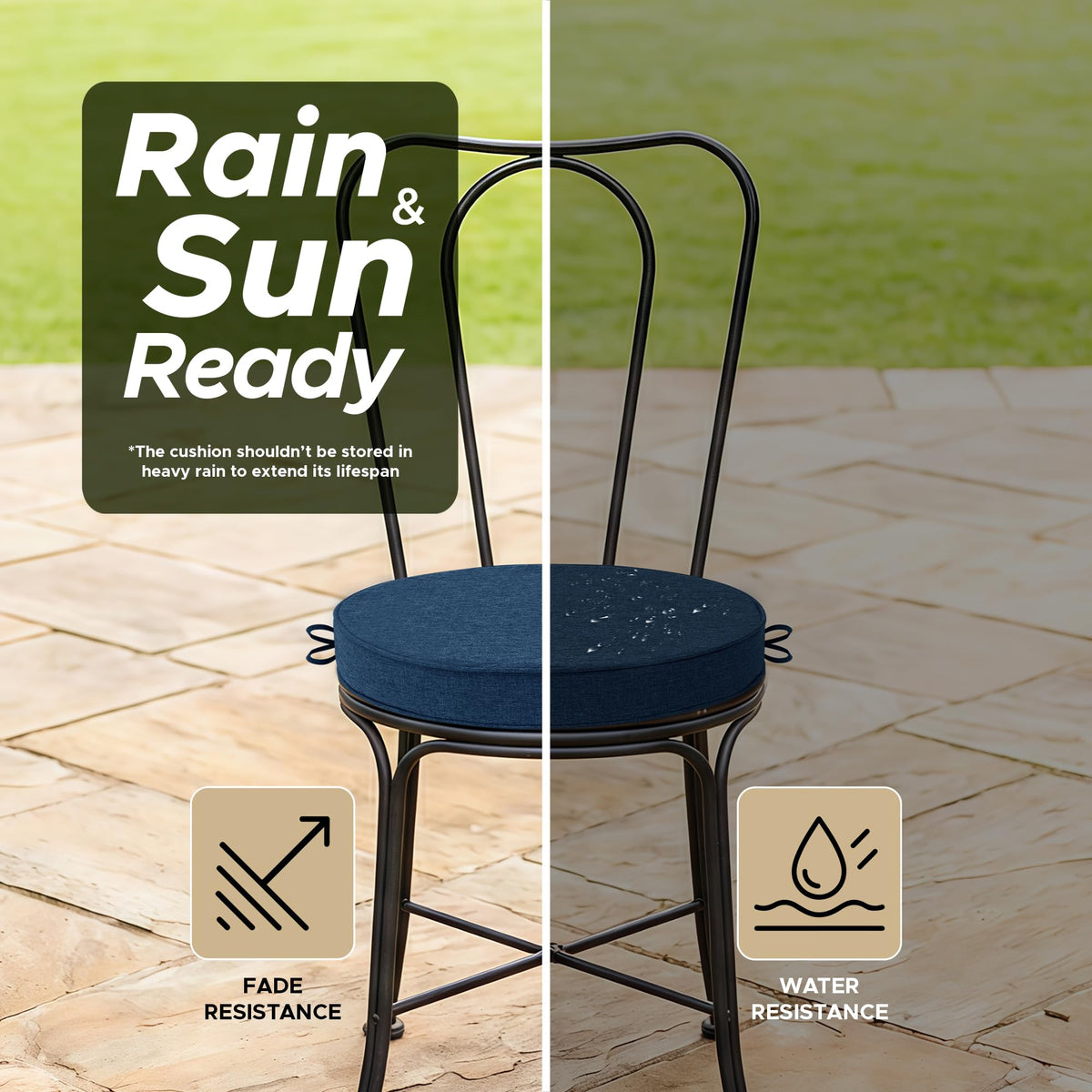 Fitfree foam-filled chair cushions in navy provide firm support and shape