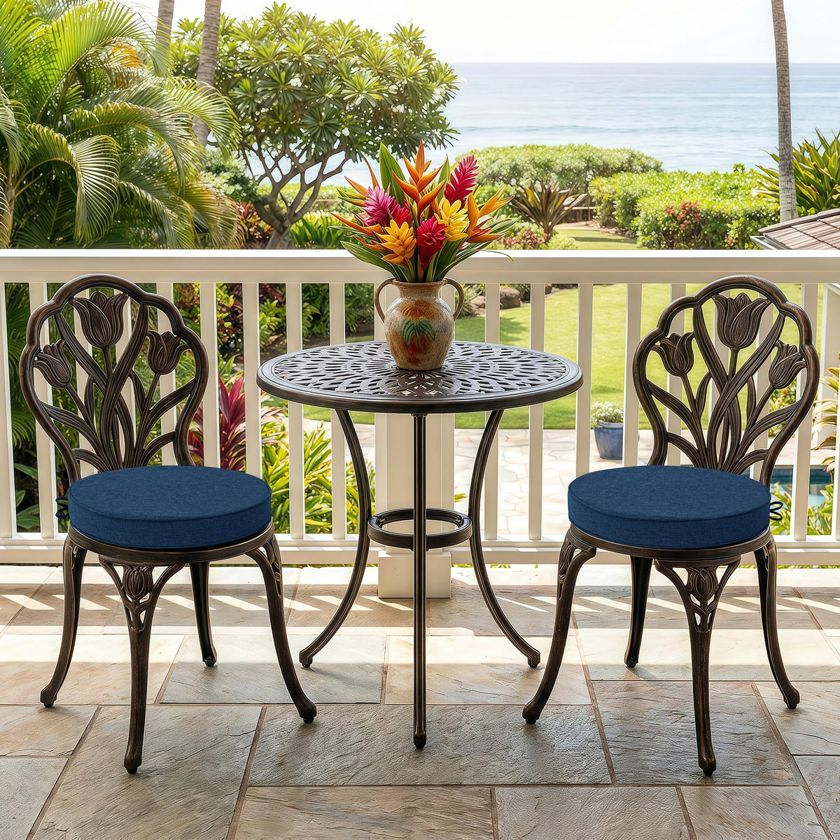 Fitfree navy round cushions on chair highlight water resistance for outdoor use