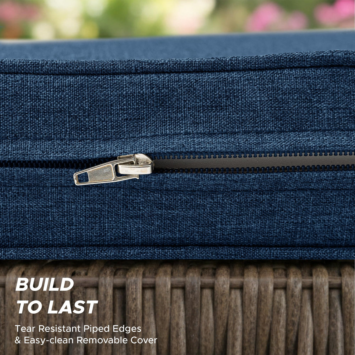 Fitfree cushion with non-slip bottom and tie straps stays secure outdoors.