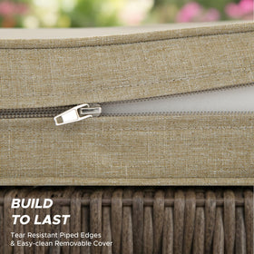 Adjustable tie straps secure cushion on wicker or wood furniture