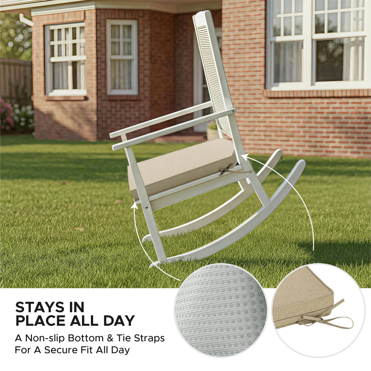 Fitfree cushions feature a non-slip bottom and ties for secure placement