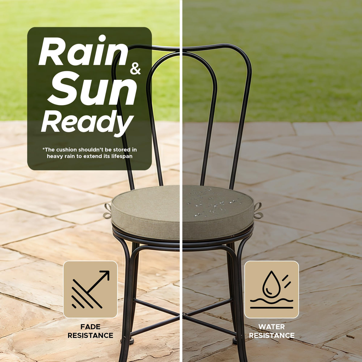 Fitfree cushion on chair with non-slip bottom secures outdoor seating