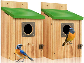 Fitraho 2-pack cedar bluebird house, front view, showcasing durable outdoor housing for small birds.
