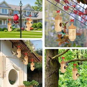 Fitraho hummingbird house with bow and string detail enhances outdoor aesthetics.