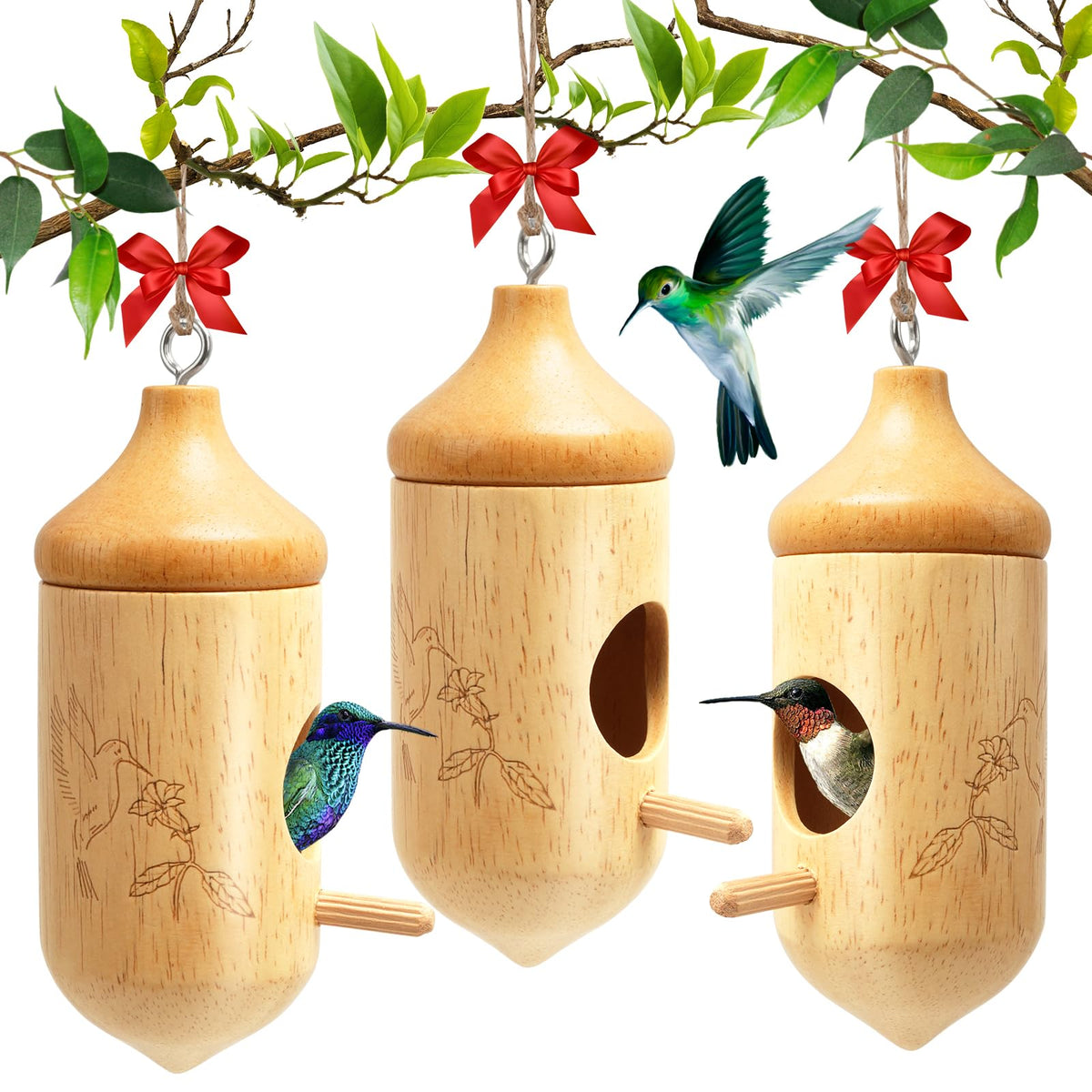 Fitraho hummingbird house closeup shows natural wood and a welcoming perch for small birds