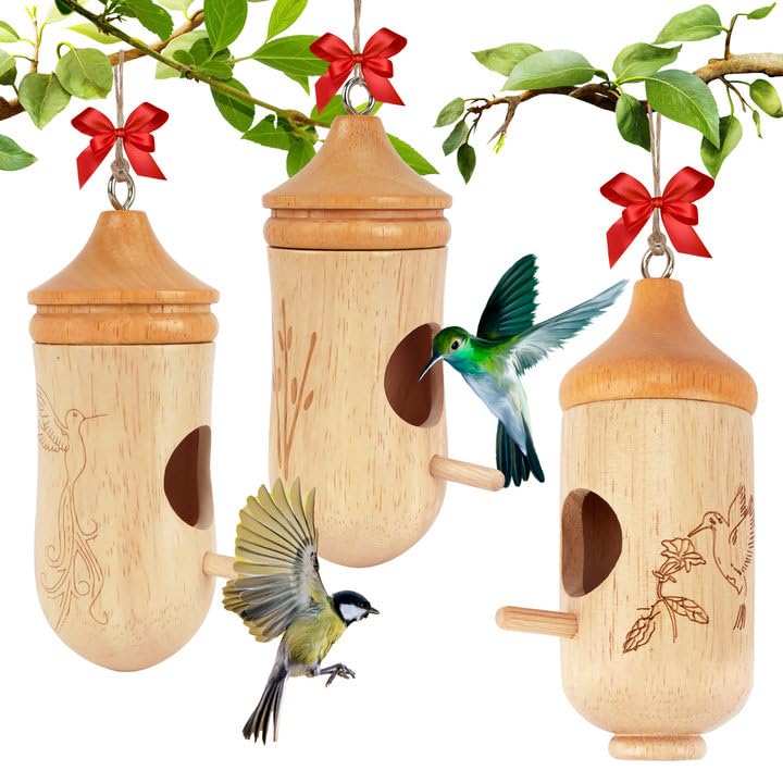 Fitraho hummingbird house in natural wood attracts nesting birds and adds garden charm.