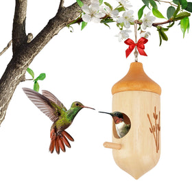 Fitraho hummingbird house for outdoors with natural wood finish inviting small birds to visit