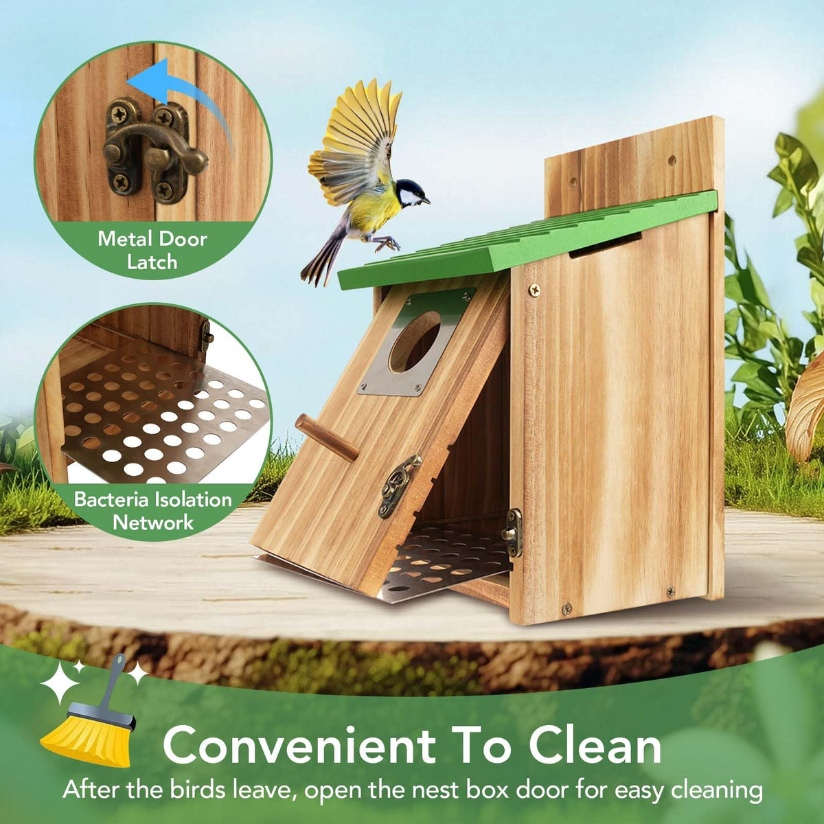 Fitraho outdoor bird house with front door for easy cleaning and reuse.