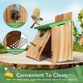 Fitraho outdoor bird house with front door for easy cleaning and reuse.