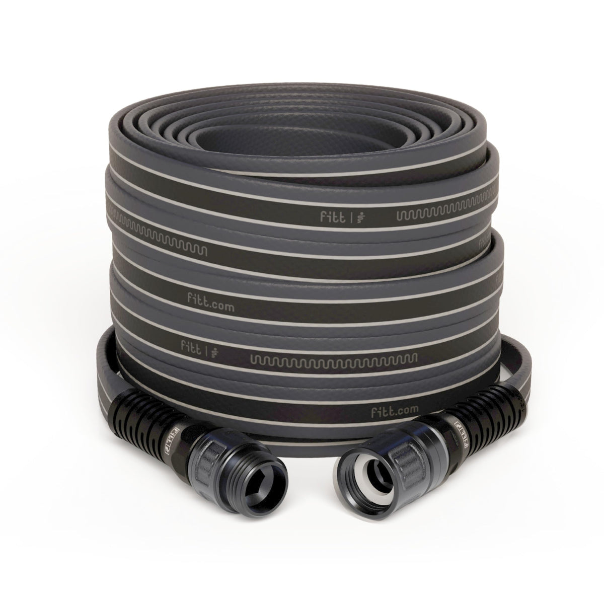FITT Force Pro water hose coiled on ground, showcasing durability and easy setup for yard tasks.