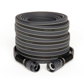 FITT Force Pro water hose coiled on ground, showcasing durability and easy setup for yard tasks.