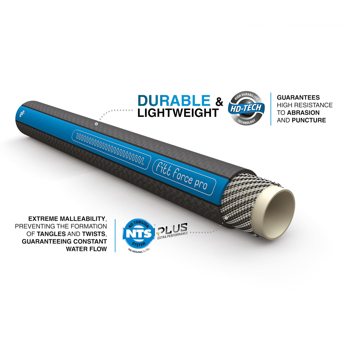 FITT Force Pro water hose kink-free flow during high-pressure watering around sprinklers and edges.