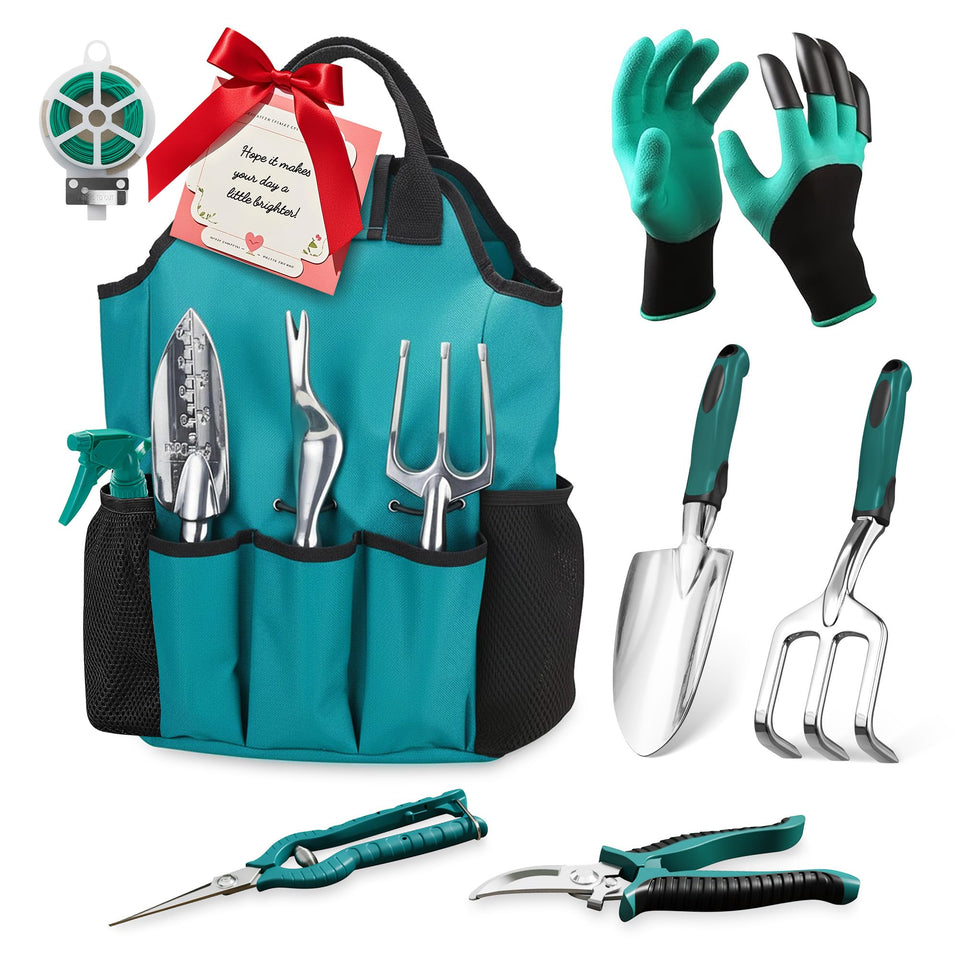 FiveJoy garden tool set with tote for portable on-site gardening.