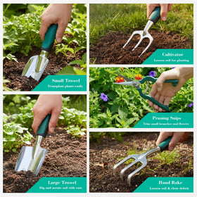 FiveJoy trowel, transplanter, and weeder ease soil work.