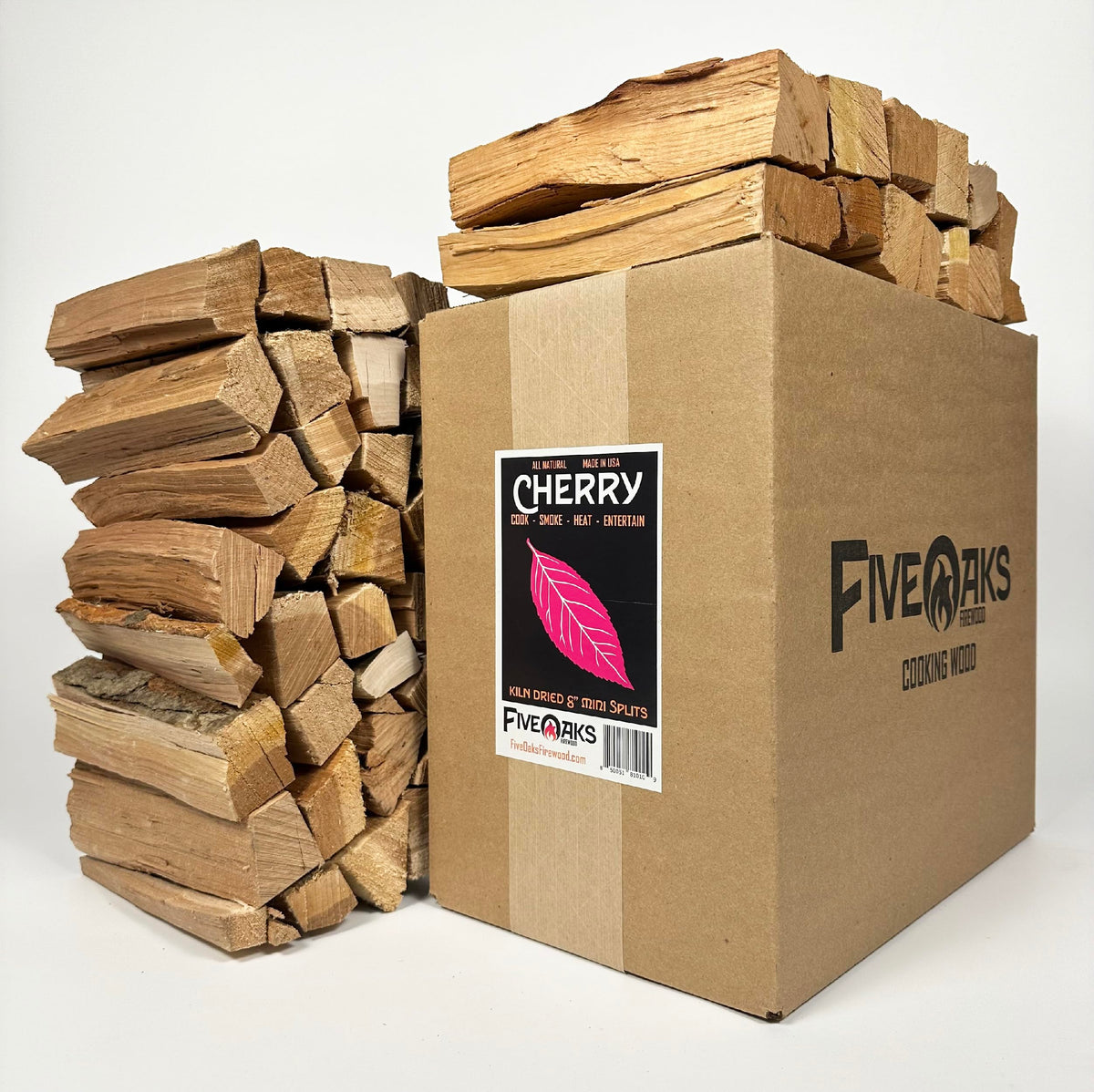 FiveOaks Cherry Mini Split 8in box with neatly stacked wood for quick cooking prep