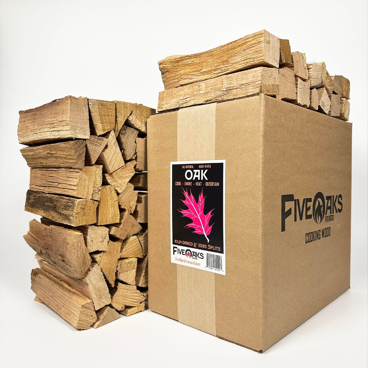 FiveOaks Firewood Oak Mini Split 8-inch packaging ready for cooking and storage