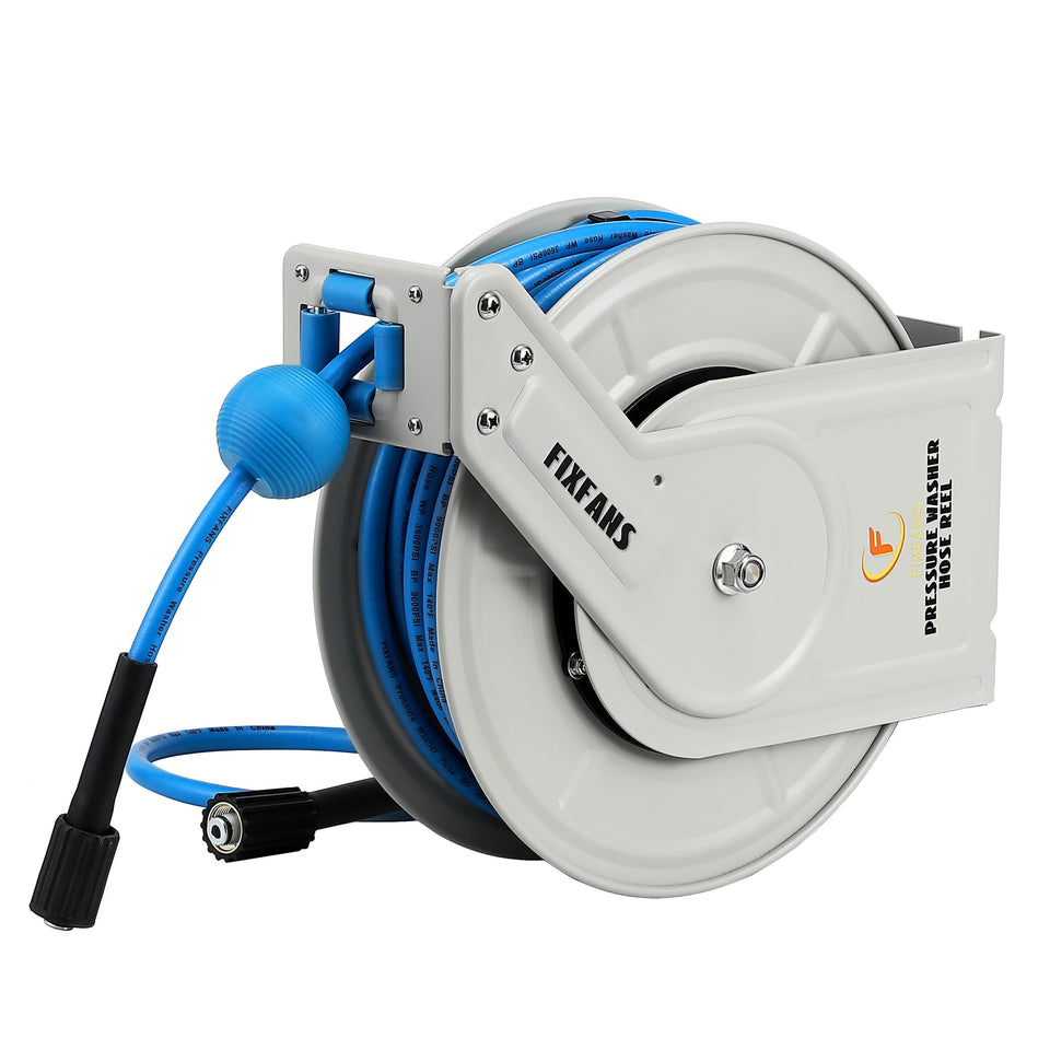 FIXFANS reel retractable mechanism keeps hoses tidy for quick setup.