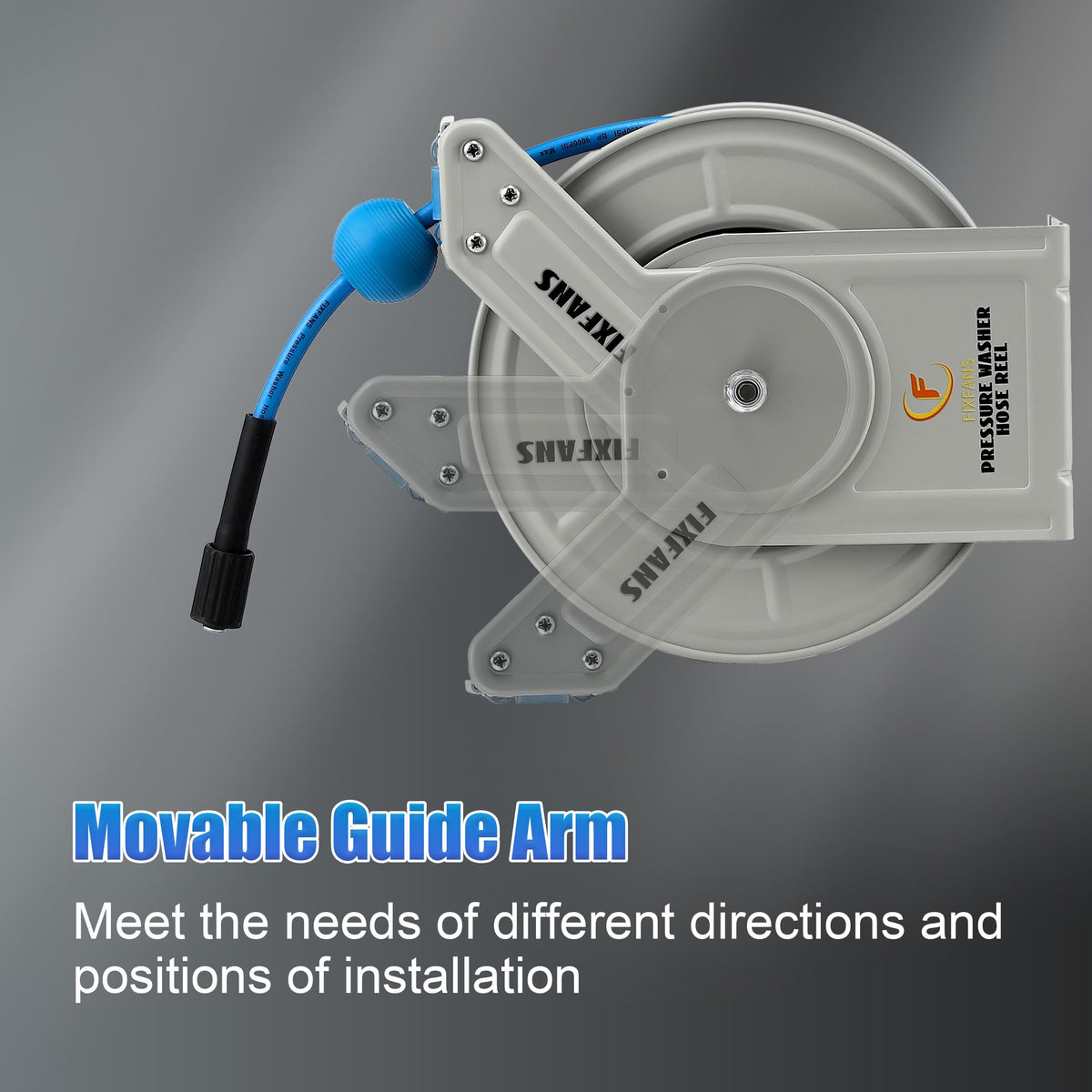 FIXFANS reel wall-mount base allows secure indoor or outdoor installation.