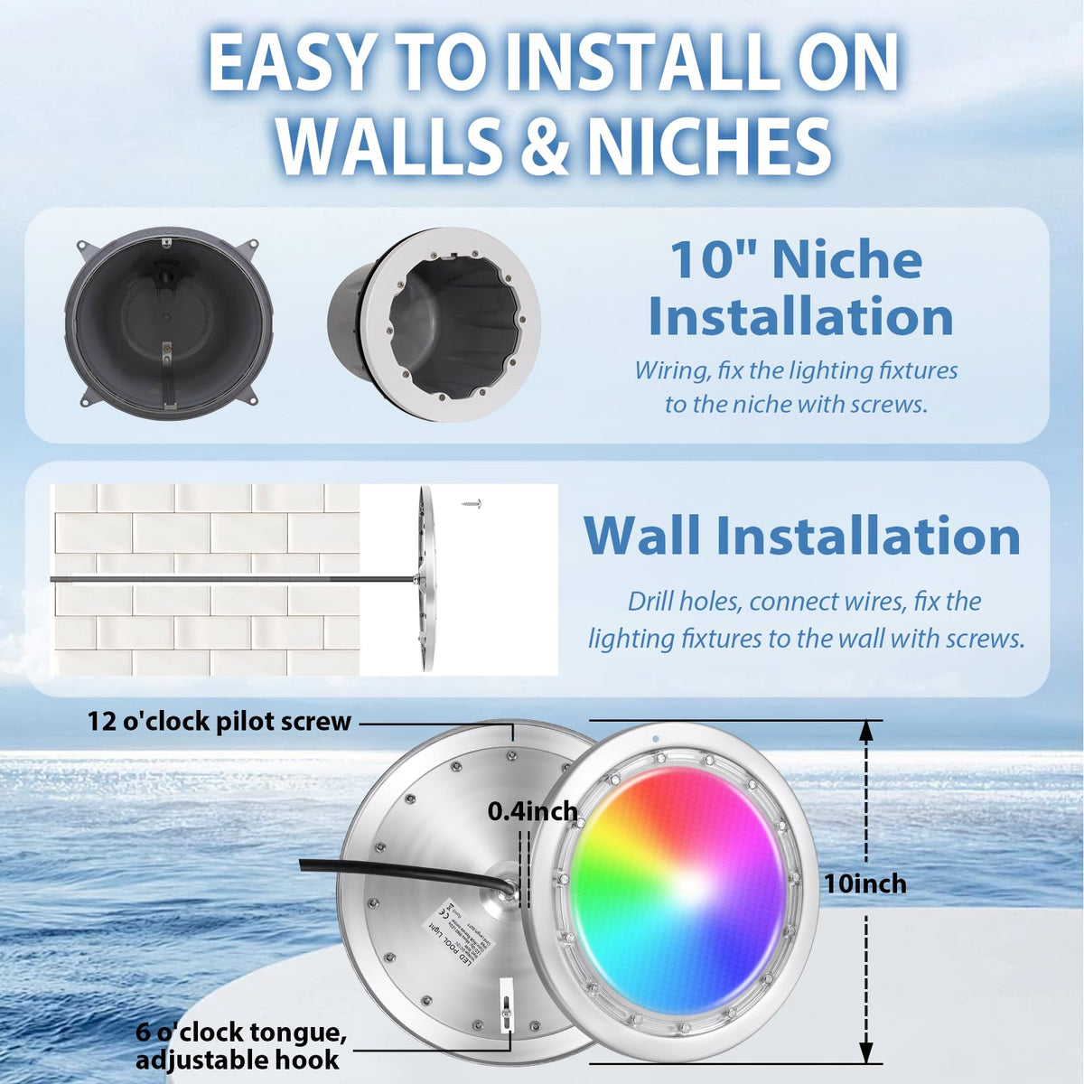 FixOasis pool light fits most 10-inch niches with secure mounting