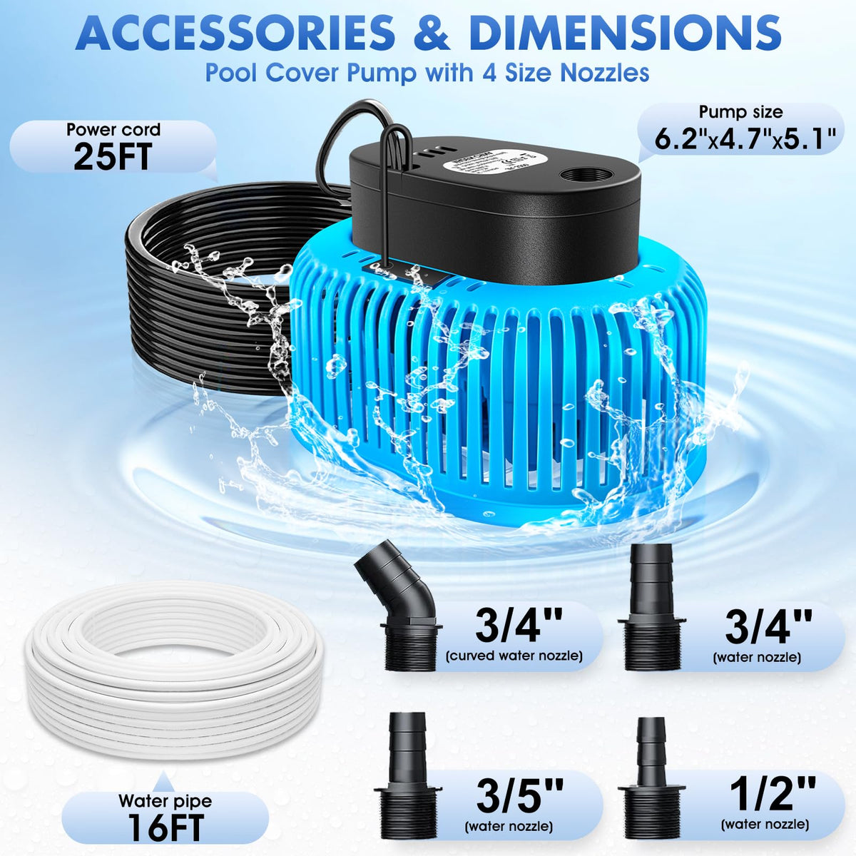 FizZeal pool cover pump includes four adapters for hose compatibility.