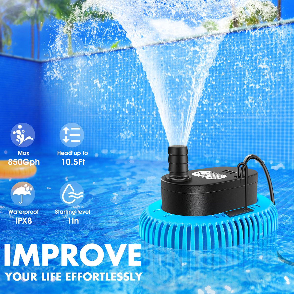 FizZeal pool cover pump with automatic water sensor ensuring safe shutoff.