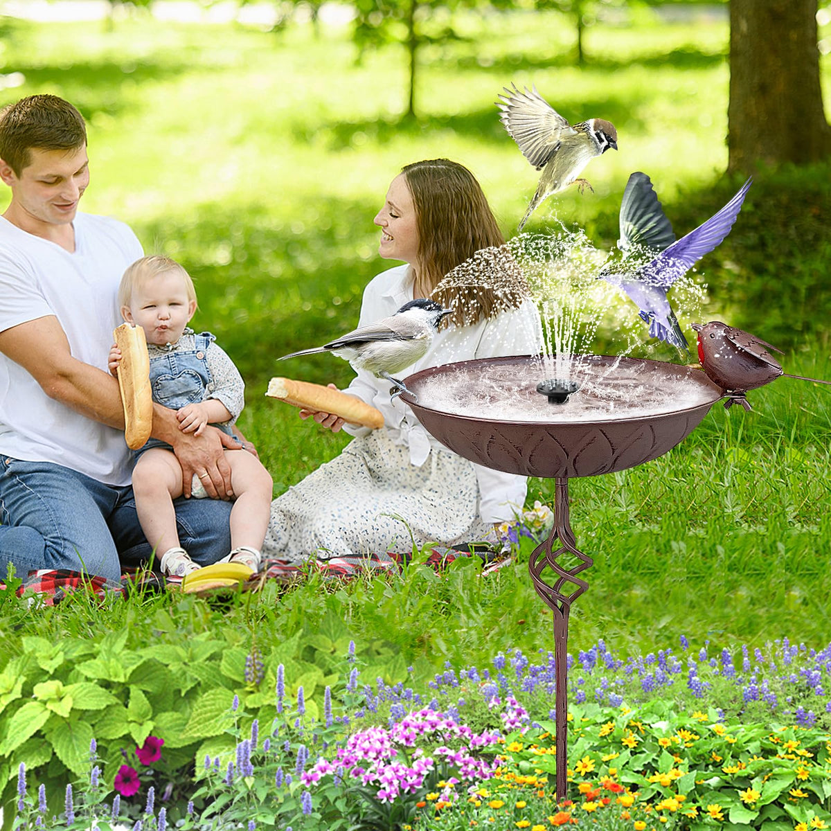 FJJYGYP bird feeder and bath combo invites birds to drink and feed in your yard.