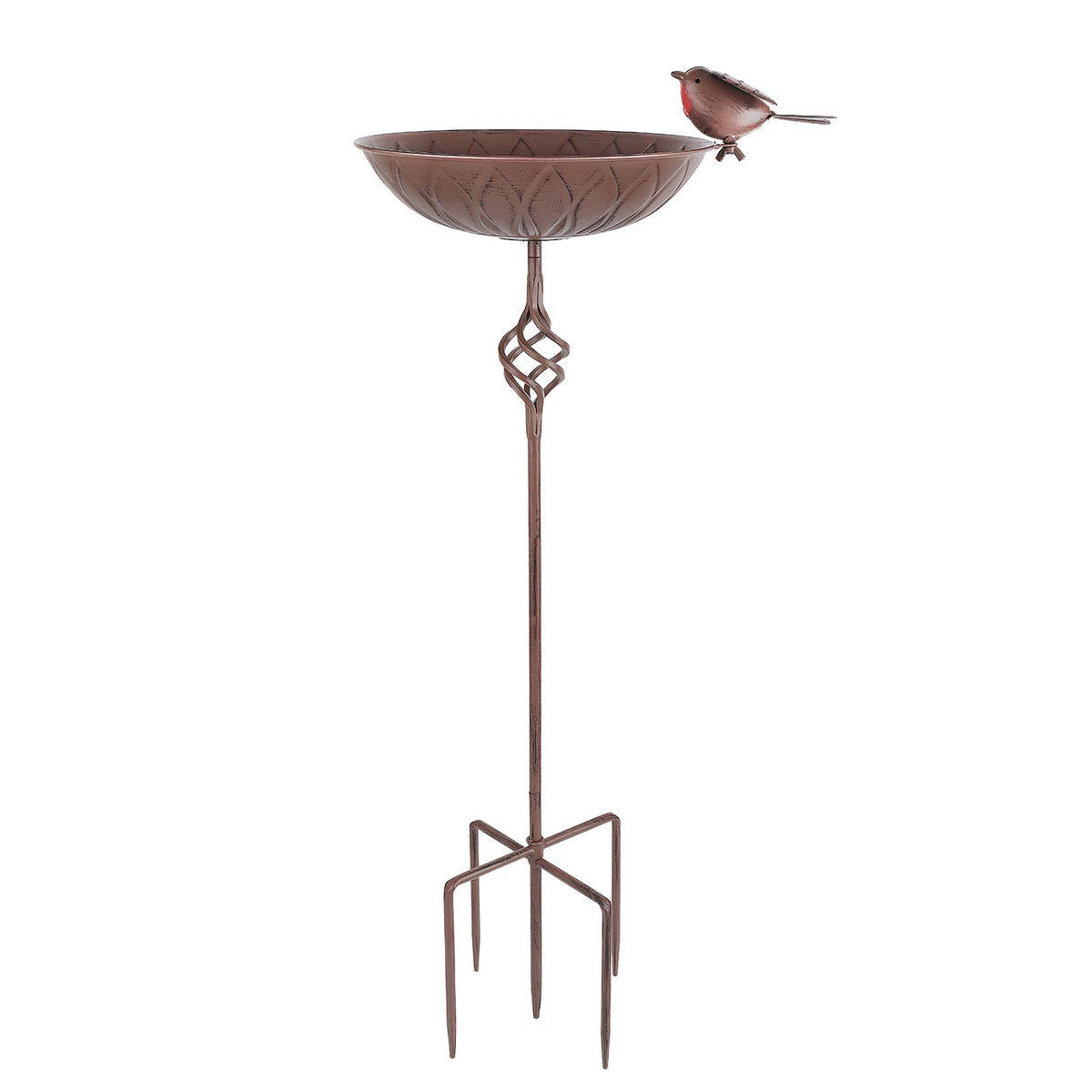 FJJYGYP metal bird bath on stake base, stable in windy outdoor spaces.