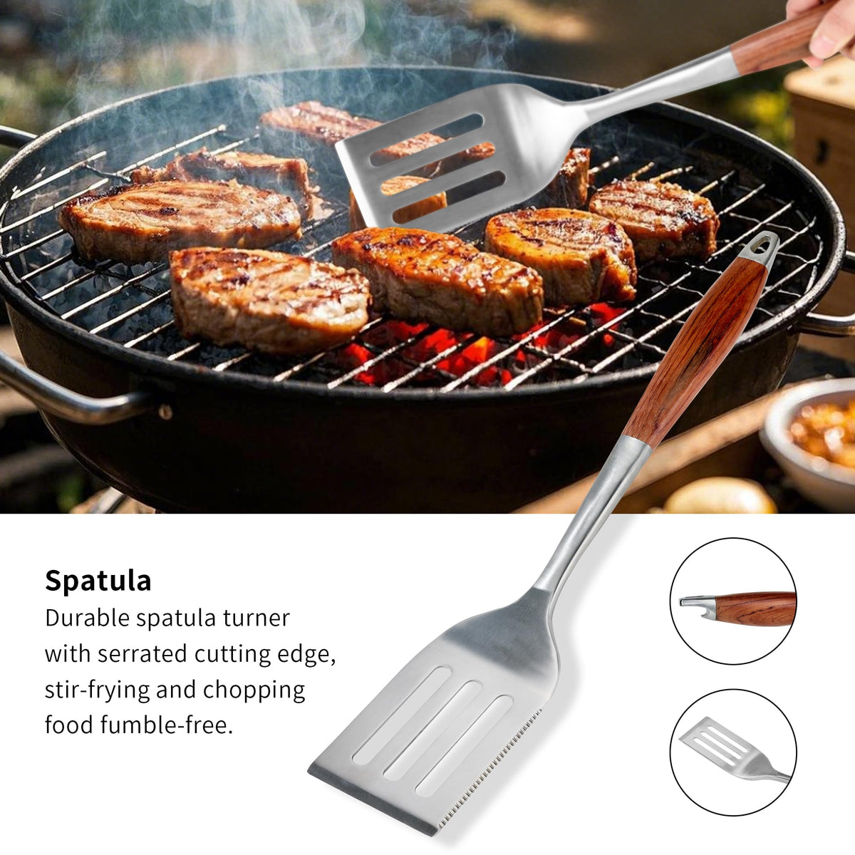 FJNATINH rosewood-handle grill brush with thick bristles for easy cleaning.