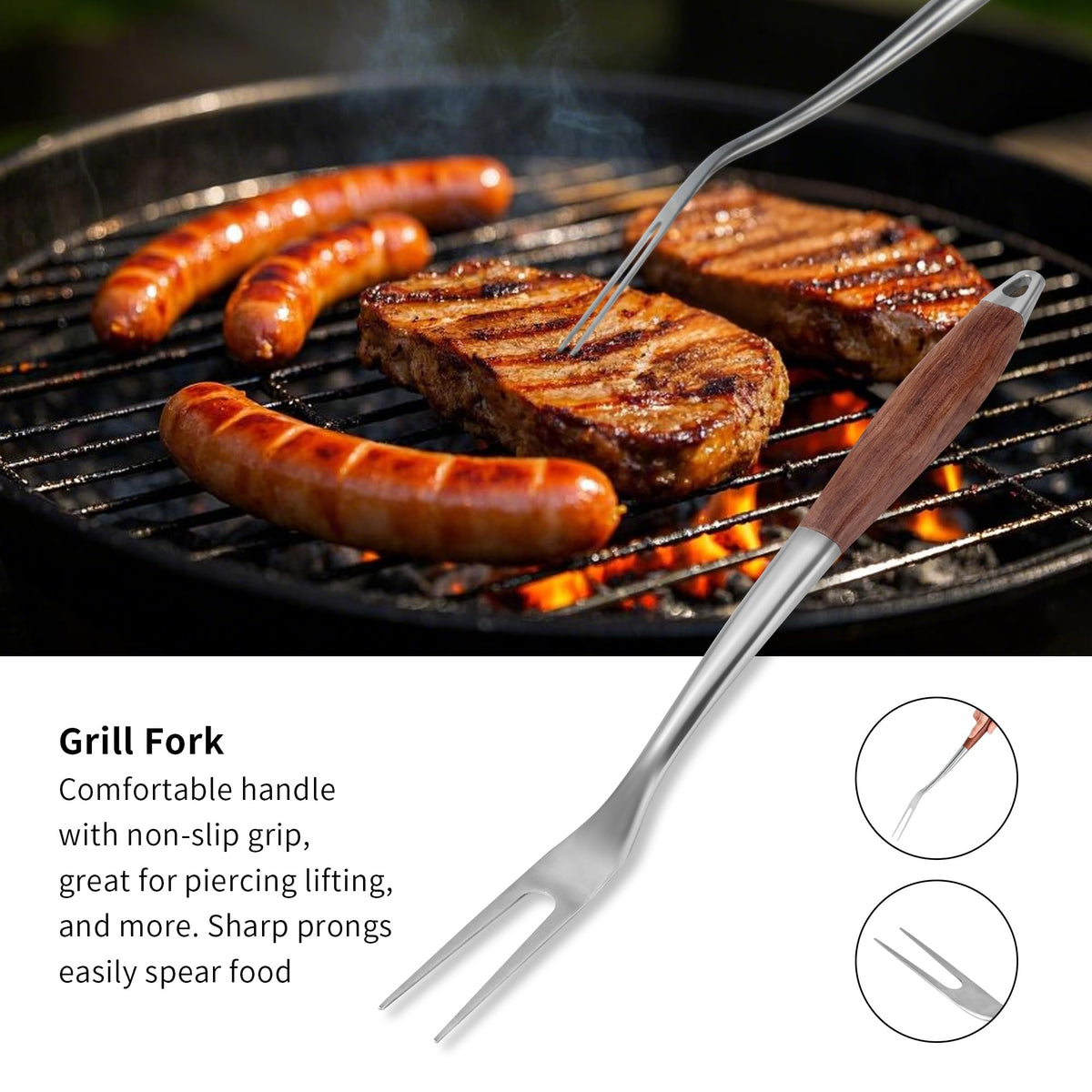 FJNATINH rosewood-handle grill tongs with ergonomic grip.