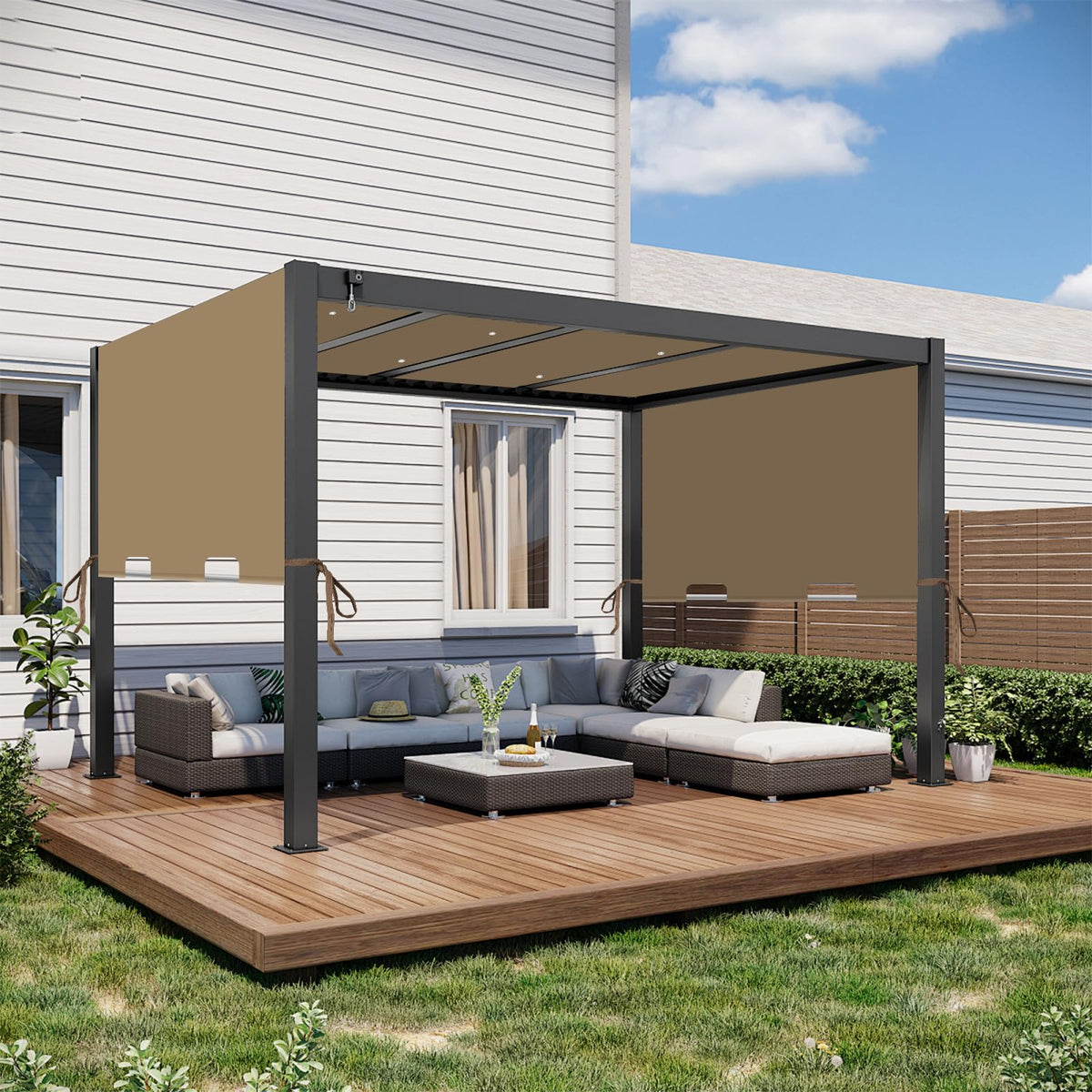 FLAGLY pergola shade cover with corner straps for tool-free installation.