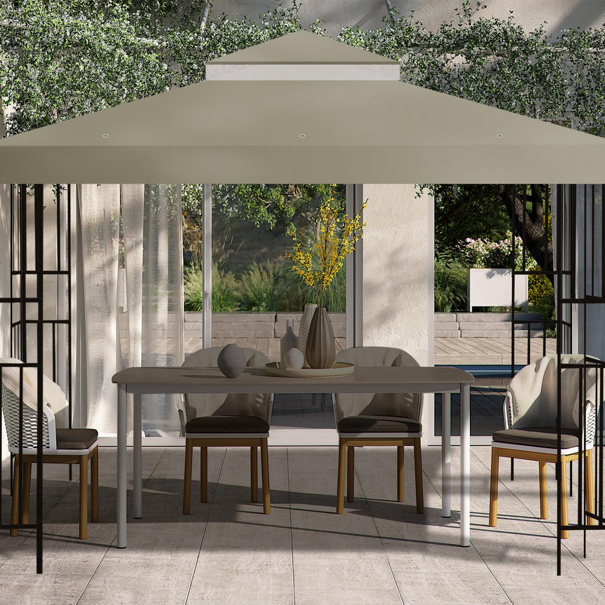 FLAGLY rain-shedding gazebo top in khaki offers shelter during light showers.