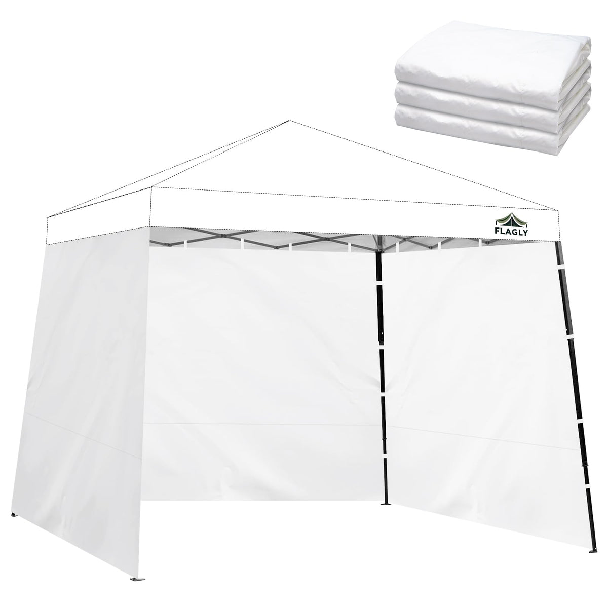 FLAGLY Slant Leg Sidewall attached to a canopy for privacy and shade.