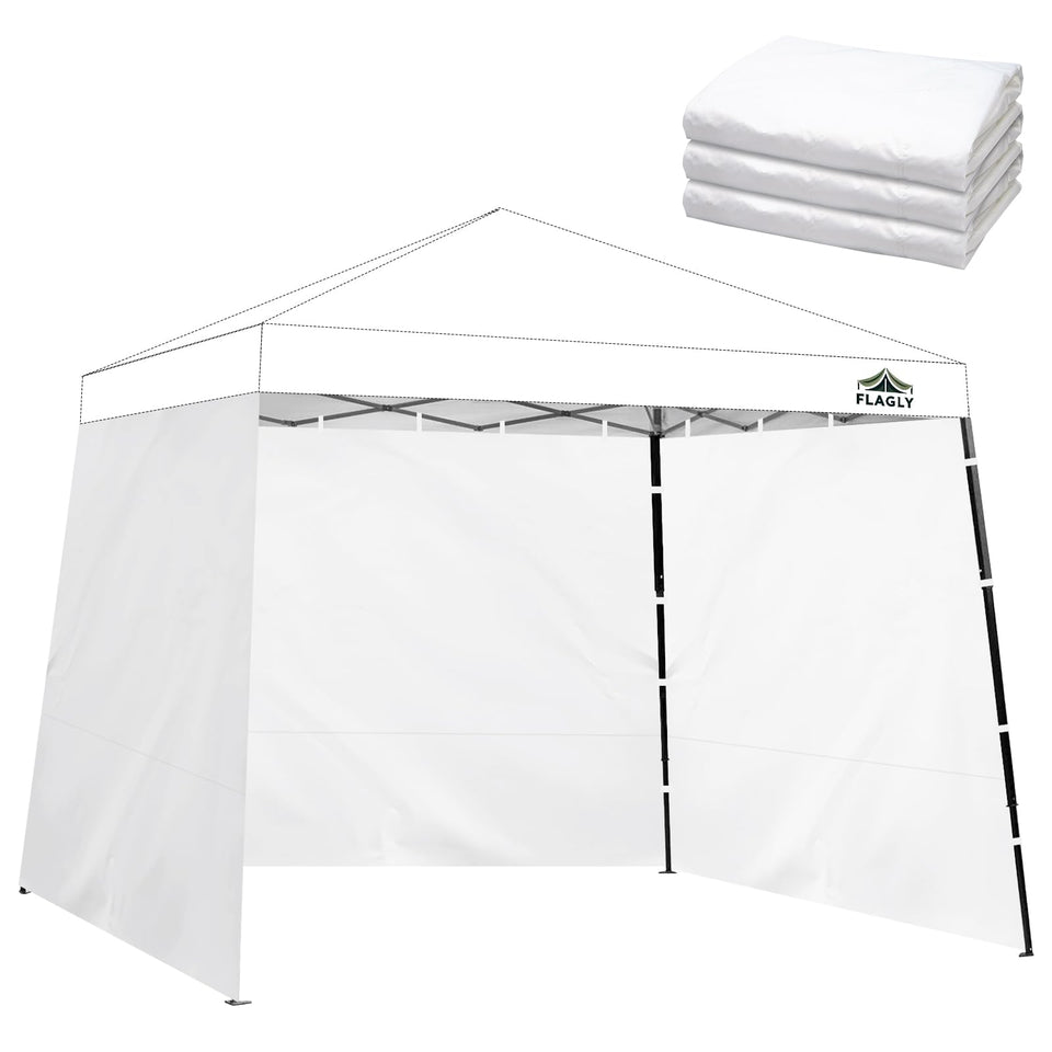 FLAGLY Slant Leg Sidewall attached to a canopy for privacy and shade.
