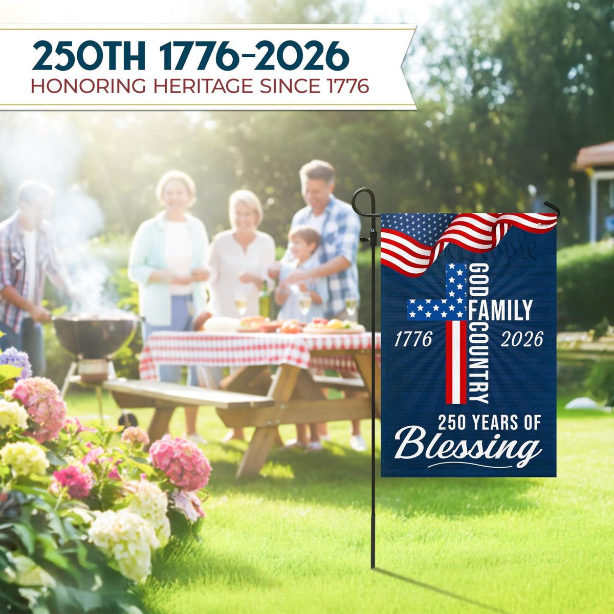 FLAGWIX American 250 Years Blessing Flag patio setup in a sunlit yard