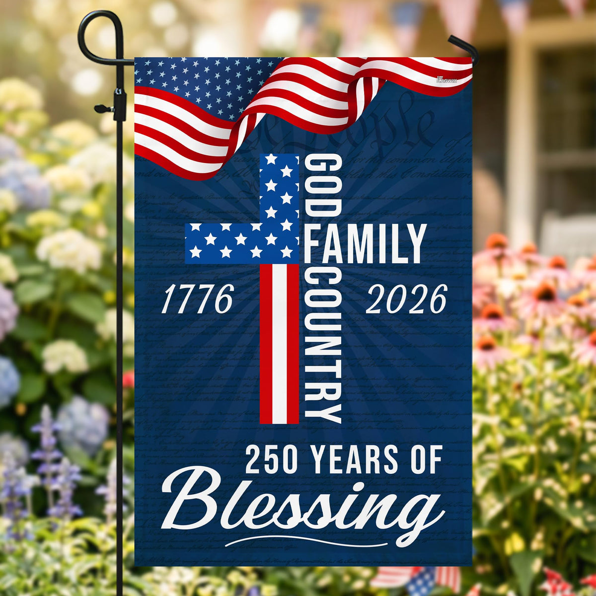 FLAGWIX American 250 Years Blessing Flag hanging in a yard display