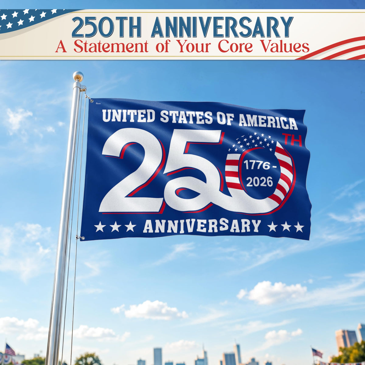FLAGWIX American 250 Years flag back view with double-sided visibility.