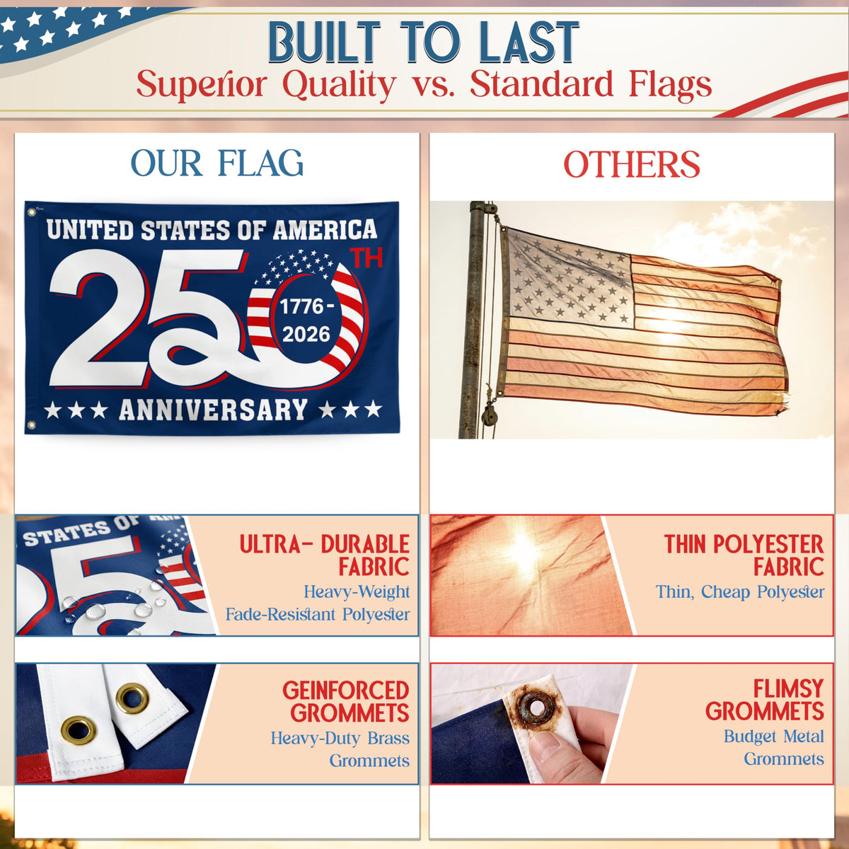 FLAGWIX American 250 Years flag double-sided print for versatile use.