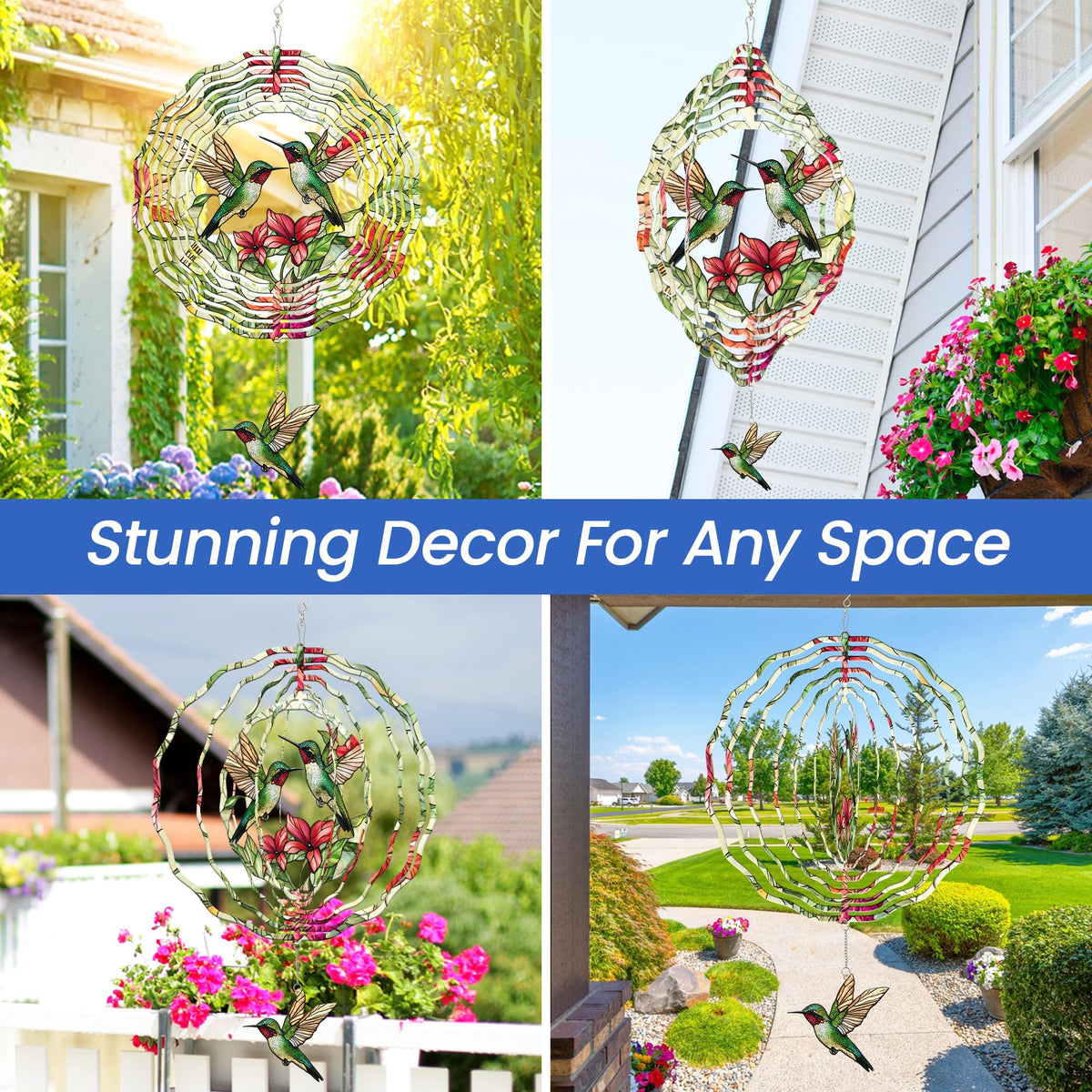 FLAGWIX hummingbird wind spinner adds movement to garden decor.