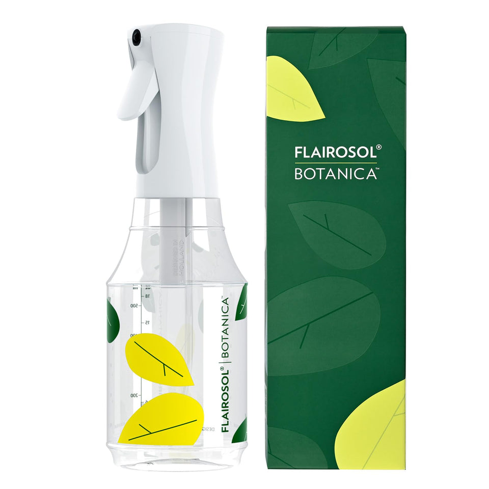 FLAIROSOL Botanica mist bottle shows elegant design for gentle watering of indoor plants and orchids.