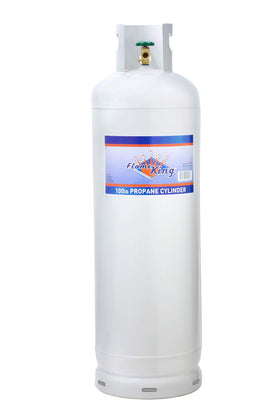 Flame King 100lb propane tank front view, ideal for home heating and grilling.
