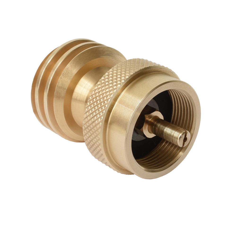 Flame King CGA600 adapter close-up, solid brass build for durable outdoor cooking.