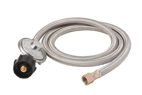 Flame King 5-FT regulator and stainless braided hose for secure outdoor grilling.