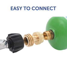 Flame King adapter enables 1lb tanks to power grills for extended cooking sessions.