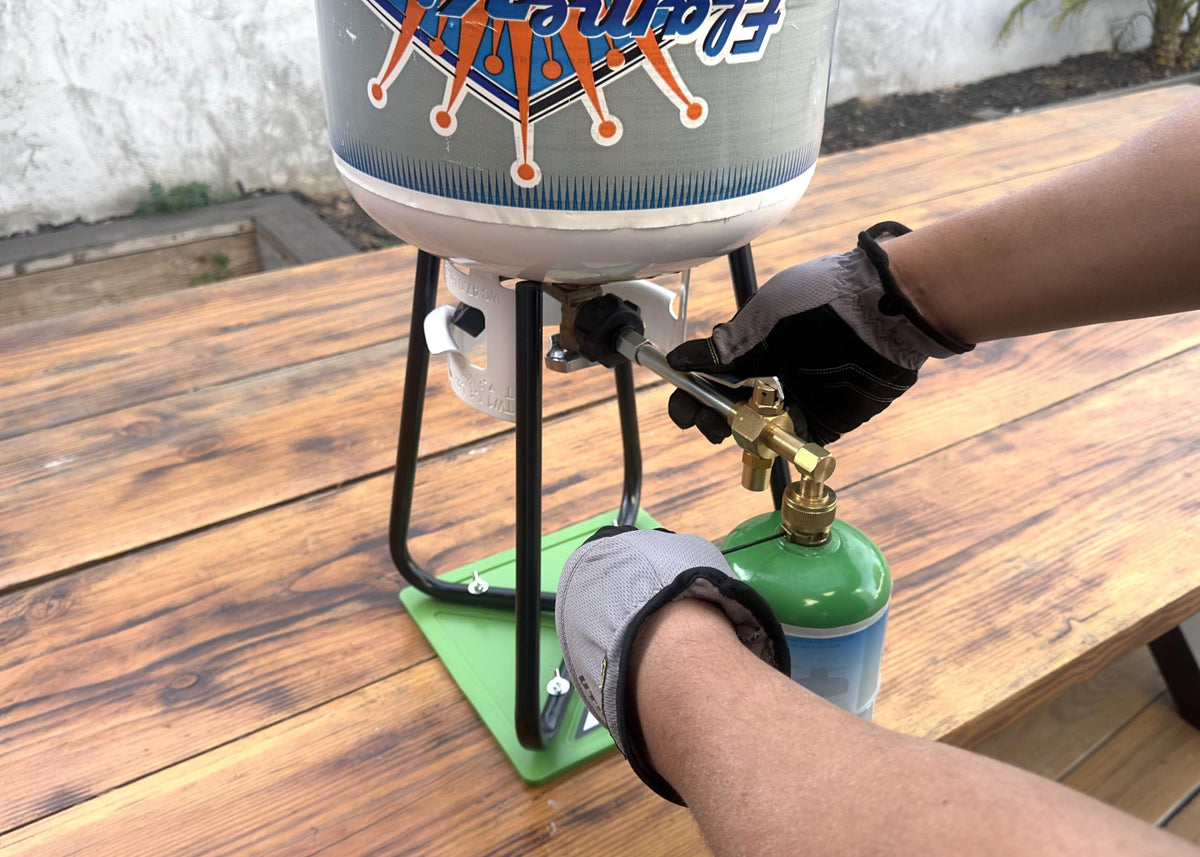 Flame King at-home propane refill setup for convenient use.
