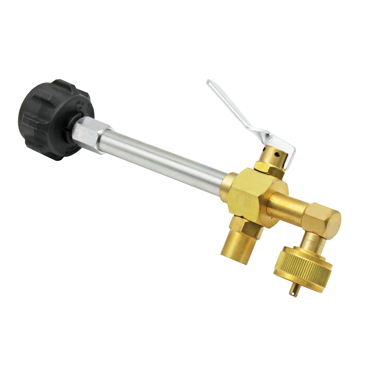Flame King propane refill adapter valve with a 90-degree bend for upright refilling.
