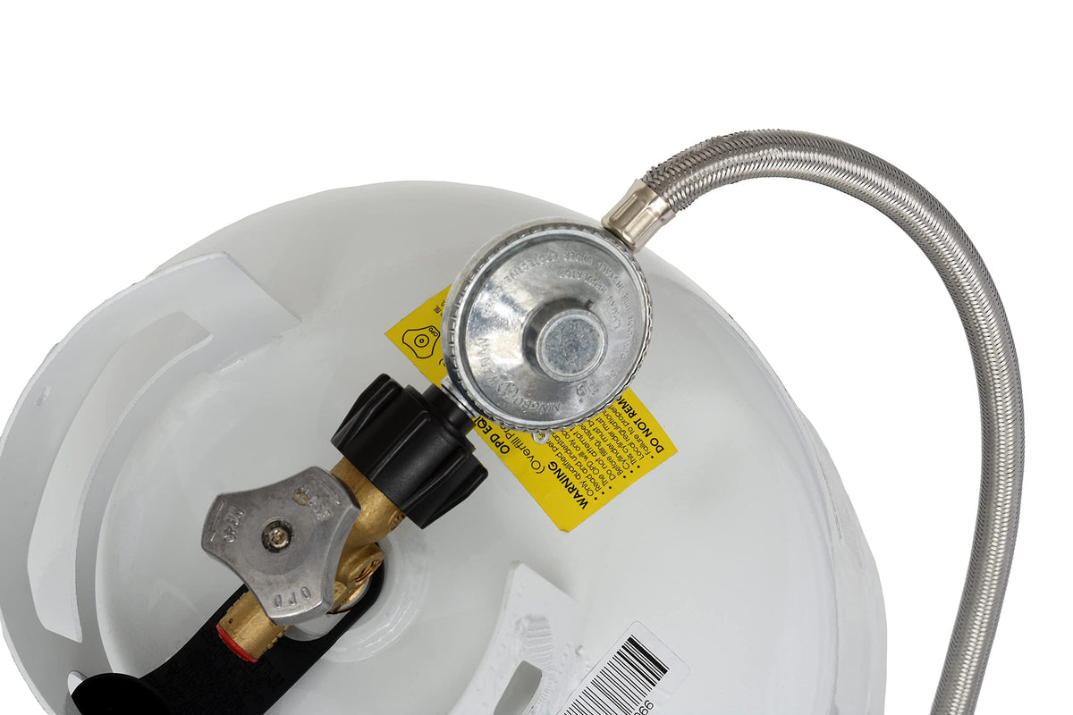 Flame King stainless steel braided hose shows weather-resistant durability outdoors.